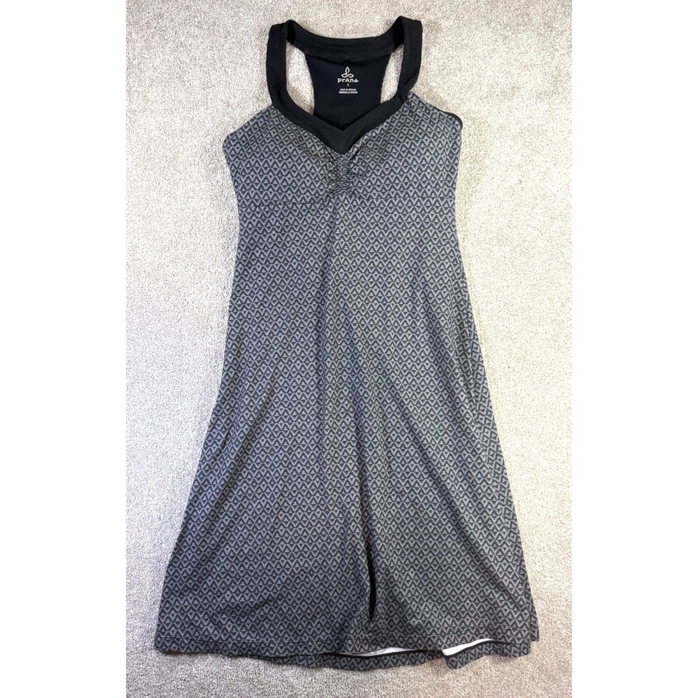 Prana Womens Small Gray Black Geometric Racerback Athletic‎ Dress with Shelf Bra
